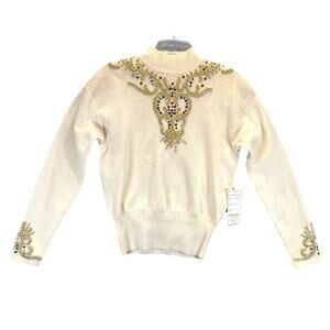 NOS Vintage Carlisle Sport 100% Lambswool Beaded Sweater Cream Gold Women Sz M